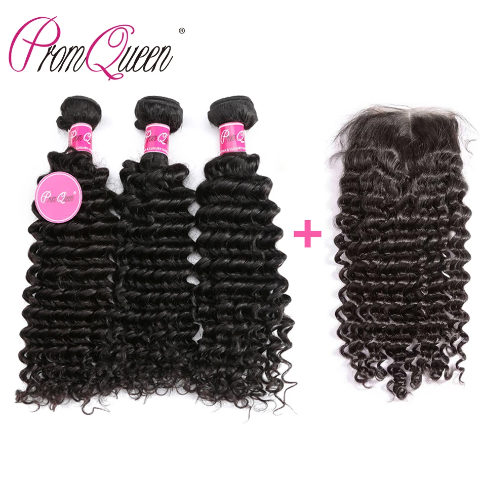 Promqueen глубоко вьющиеся синтетические волосы 3 пряди с закрытием человеческие