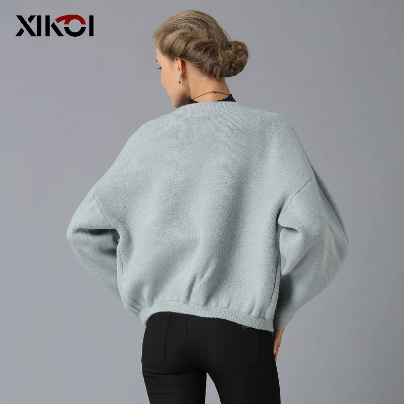 XIKOI женская джинсовая куртка однотонный кардиган с круглым вырезом женское