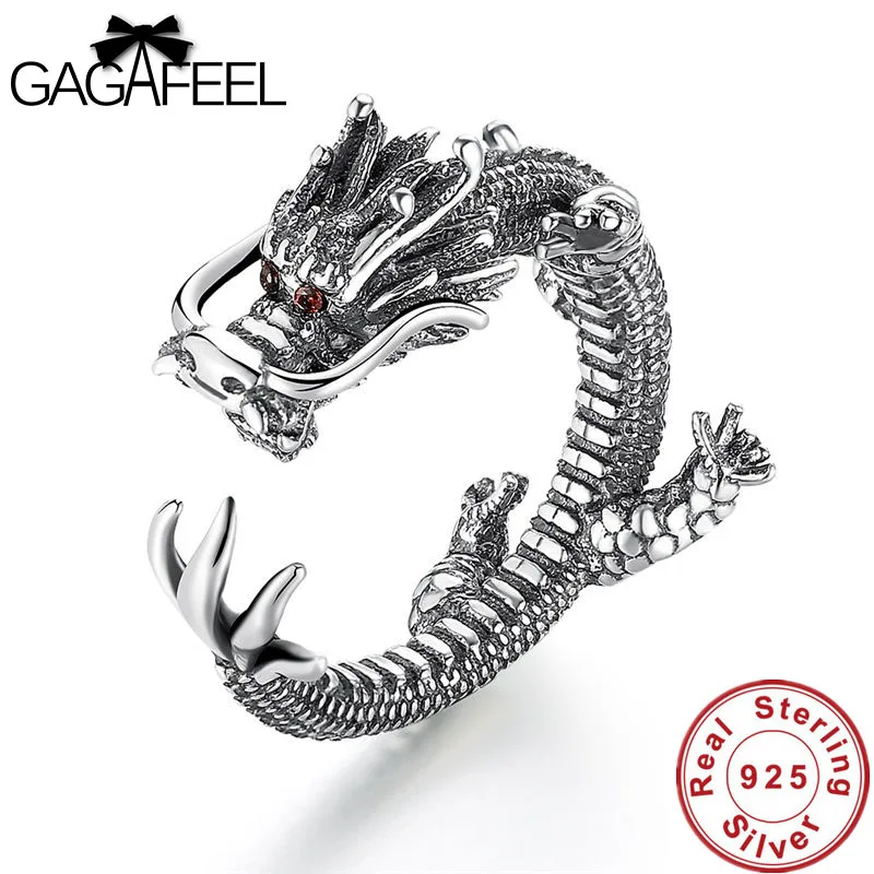 Мужское кольцо с драконом GAGAFEEL винтажное Открытое из чистого серебра 925 пробы в