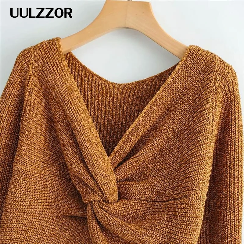 UULZZOR Sexy off shoulder cross knitted women sweater Long sleeve short pullovers party Autumn winter jumpers streetwear 2019 | Женская