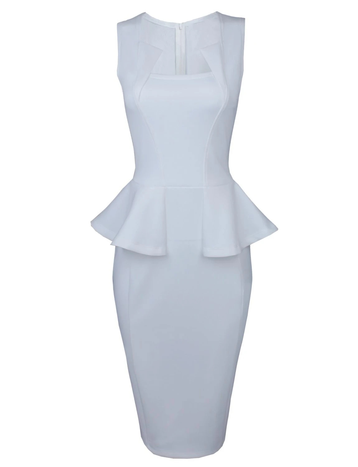 

Womens Classy Neck Detail Sleeveless Zip-up Midi Dress Lady's Bodycon Peplum Ruffles Dresses
