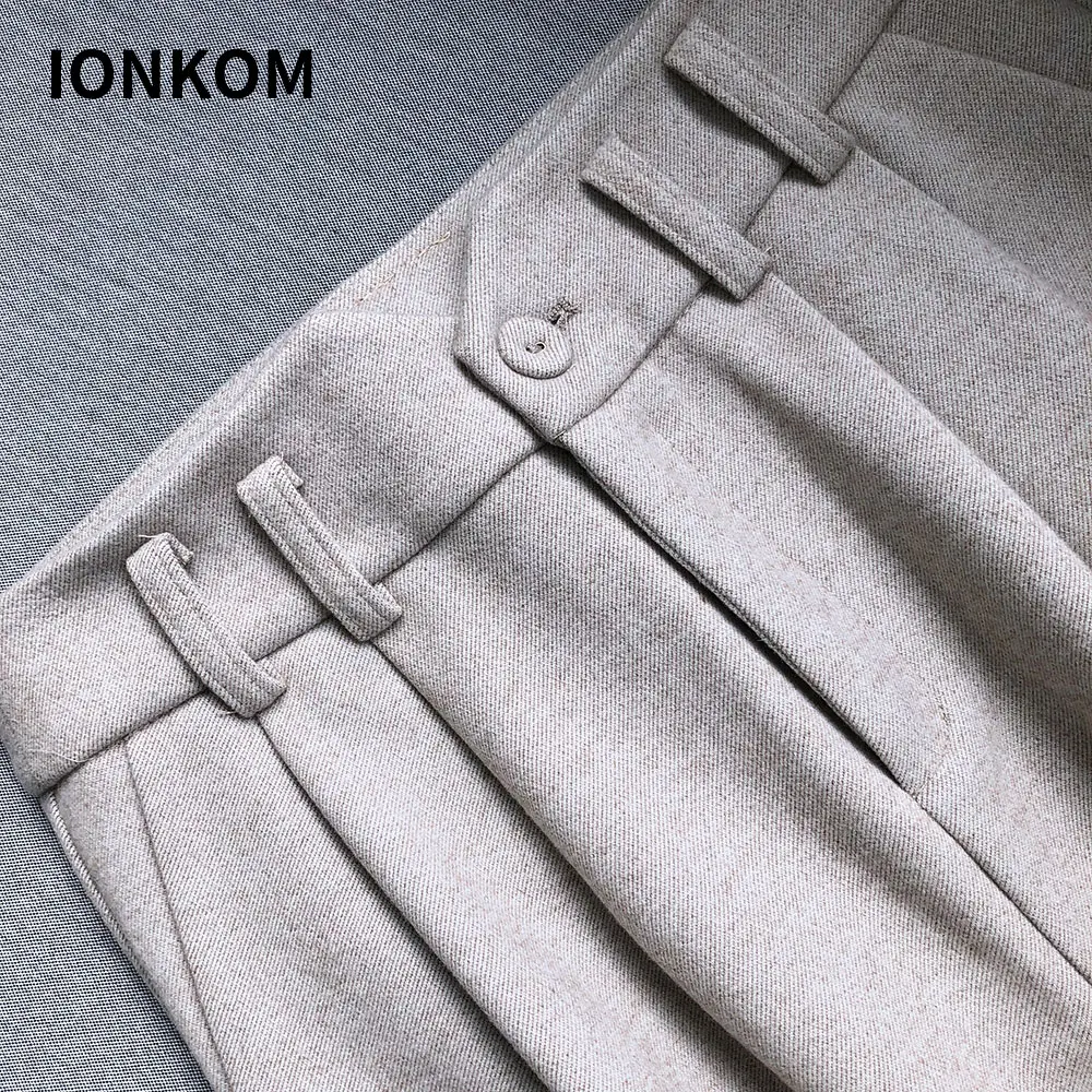 Элегантные офисные женские штаны с высокой талией IONKOM однотонные до щиколотки на