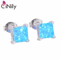cinily created blue white fire opal 6x6mm authentic 925 sterling silver wholesale hot for women jewelry stud earrings se018 19