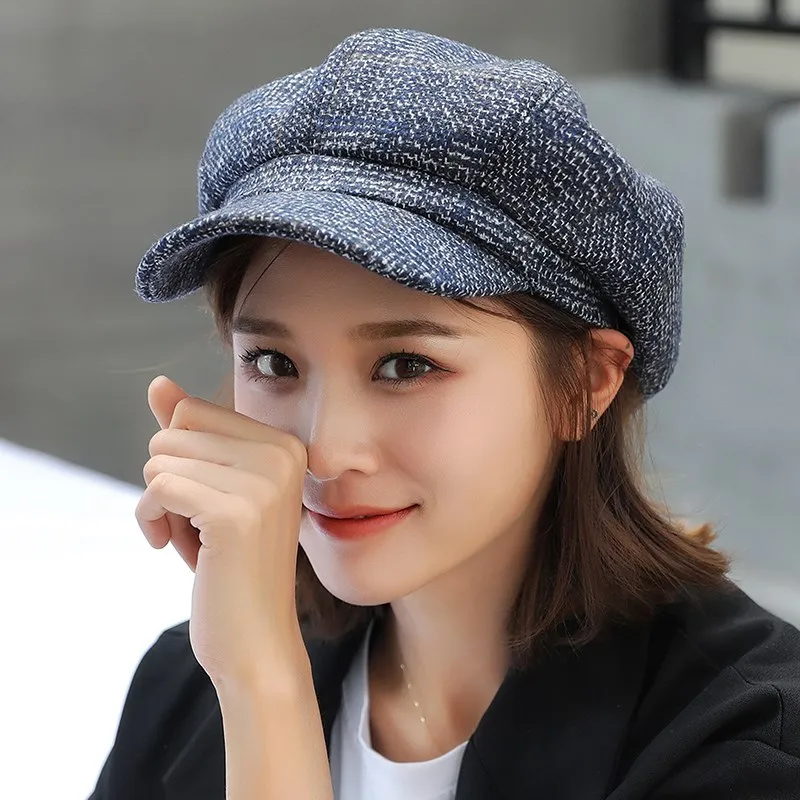 

2021 New Artist Beret Hat For Women Female Winter Fashion Plaid Wool Thick Berets Painter Octagonal Hats Caps
