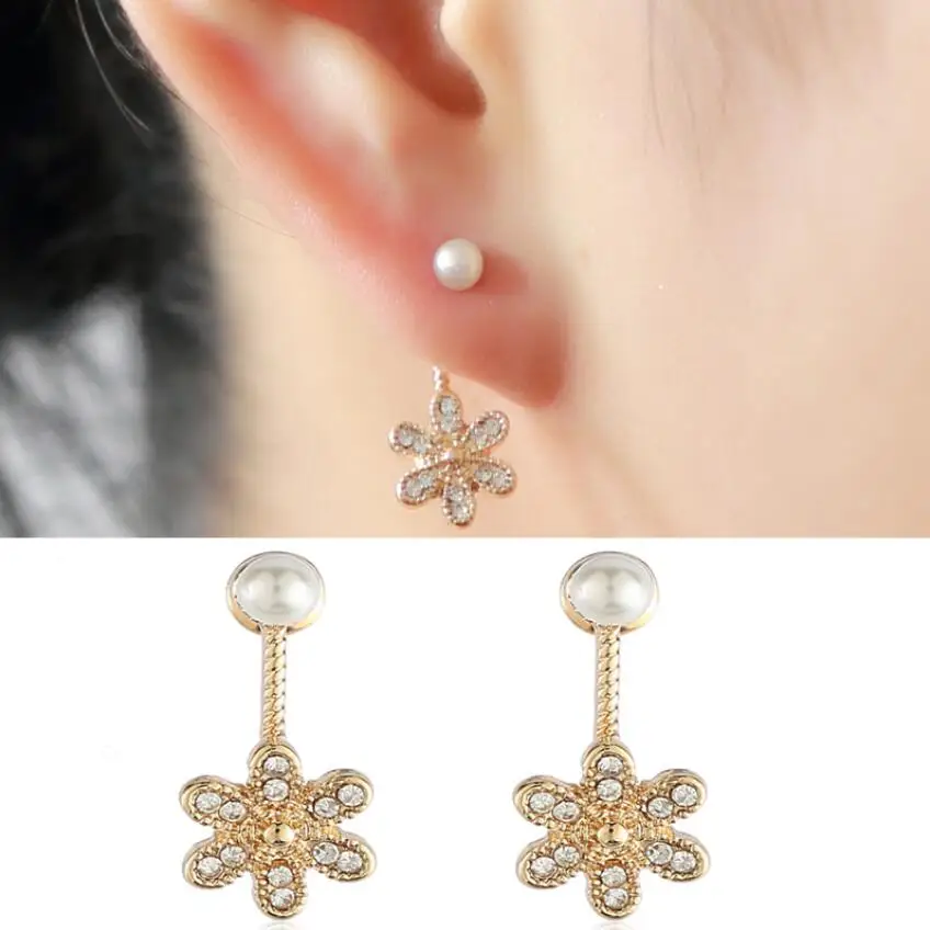Hfarich Tibetan Blue Stone Bead Flower Heart Pearl Earring Jackets for Women Wedding Geometric Piercing Earing Jewelry Brincos |