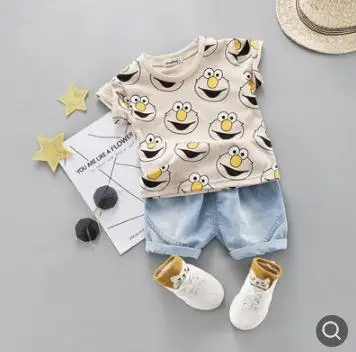 beige Одежда для детей; летние детские джинсы; костюм с короткими рукавами; Комплект для мальчиков и девочек с принтом героев мультфильмов; милые хлопковые комплекты одежды для малышей; SY-F192226 - Цвет: beige