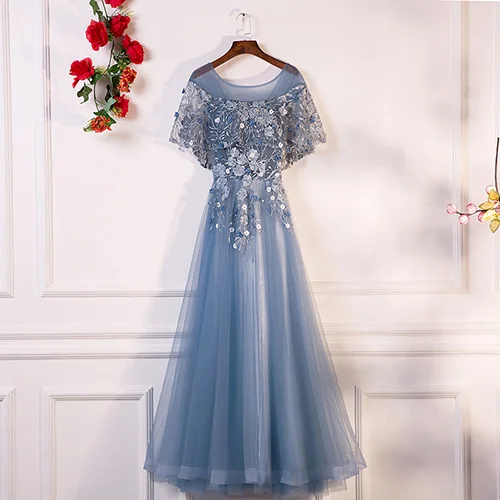 gray blue PotN'Patio, вечерние платья, длинные, новинка, круглый вырез, с жакетом, роскошная аппликация, цветок, тюль, Формальное вечернее платье - Цвет: gray blue