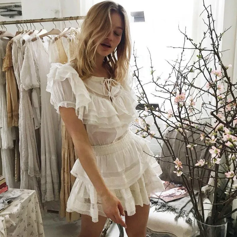 Весна и лето 2019 новая кружевная прошитая с короткими рукавами мини Белое платье
