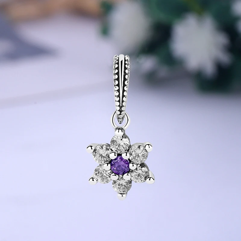 925 Sterling Silver Crystal Charms Fit Bracelets Beads Forget Me Not Pendant Charm Purple CZ Women DIY Jewelry Making | Украшения и