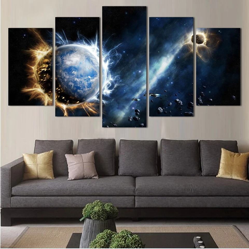 

5 Panels Modern Printed Space Universe Landscape Paintings Canvas Picture Cuadros Earth Painting For Living Room No Frame art