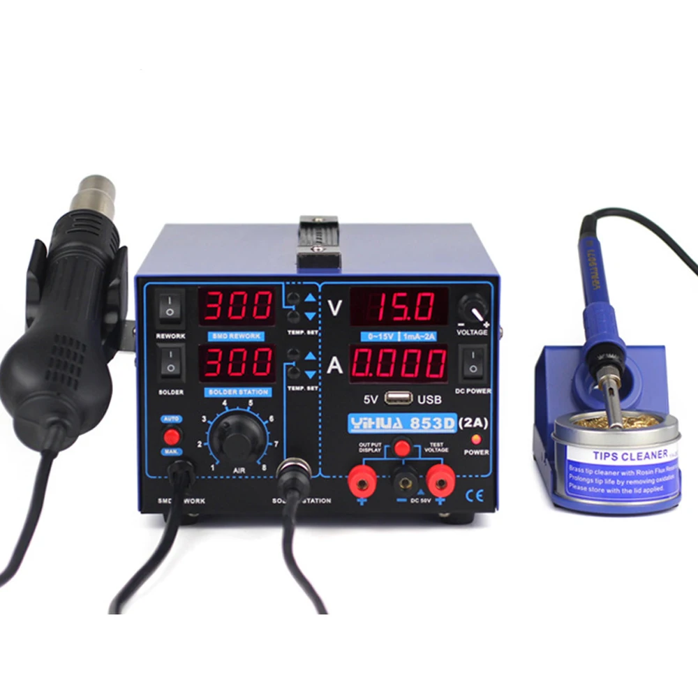 YIHUA 853D 2A с выходом 5V USB сварочная станция SMD DC ПИТАНИЕ горячего воздуха пистолет паяльник паяльная станция 3-в-1 220V 110V