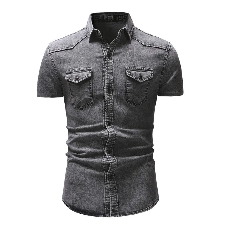 light grey HuLooXuJi Новая мужская джинсовая рубашка летний пляжный стиль короткий рукав Повседневная рубашка с линялым эффектом хлопковые мужские шорты рубашки US Размер: M-3XL - Цвет: light grey