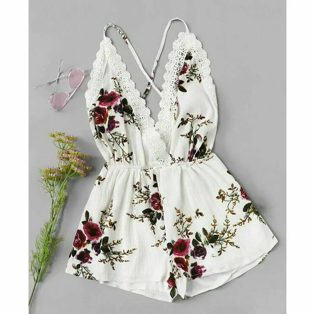 Летний милый кружевной комбинезон с v образным вырезом и цветочным рисунком для
