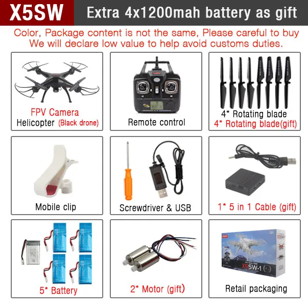 SYMA X5SW& X5SW-1 FPV дрона с дистанционным управлением с поддержкой Wi-Fi Камера HD 2,4G 6-осевой Дрон RTF RC Quadcopter Вертолет игрушки VS Syma X5SC X5C - Цвет: X5SW BLACK OR BOX