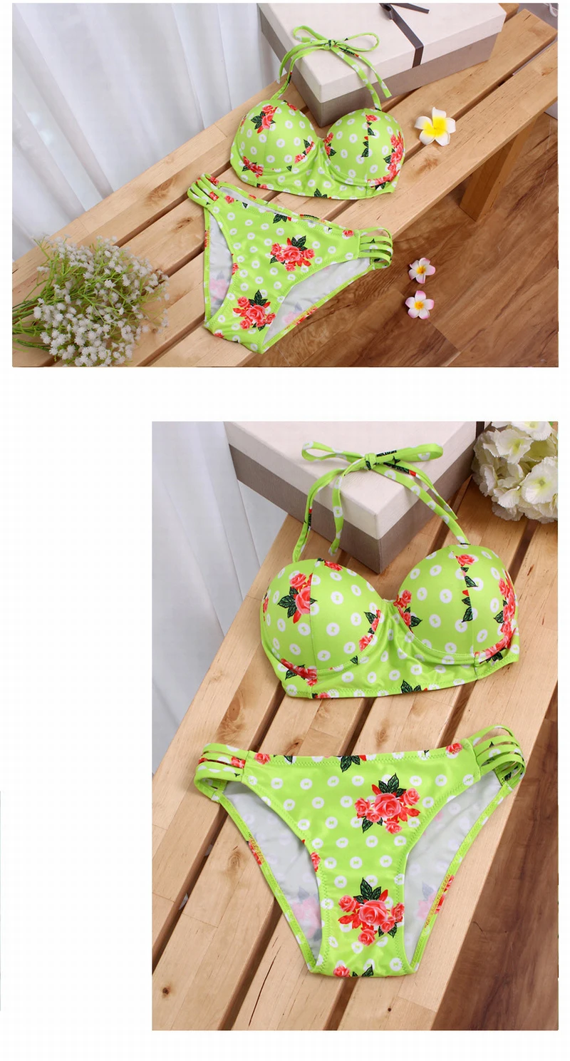 Rose Flower Printed Green Swimwear Set Brazilian Bathing Suit Push Up Swimwears Women Swimsuit Female Bikini Biquinis |