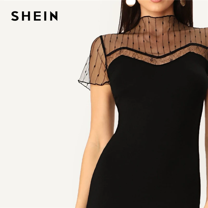 SHEIN черное Полосатое Сетчатое платье-карандаш с хомутом, прямое однотонное платье, женское Повседневное платье, летнее женское облегающее платье со стоячим воротником