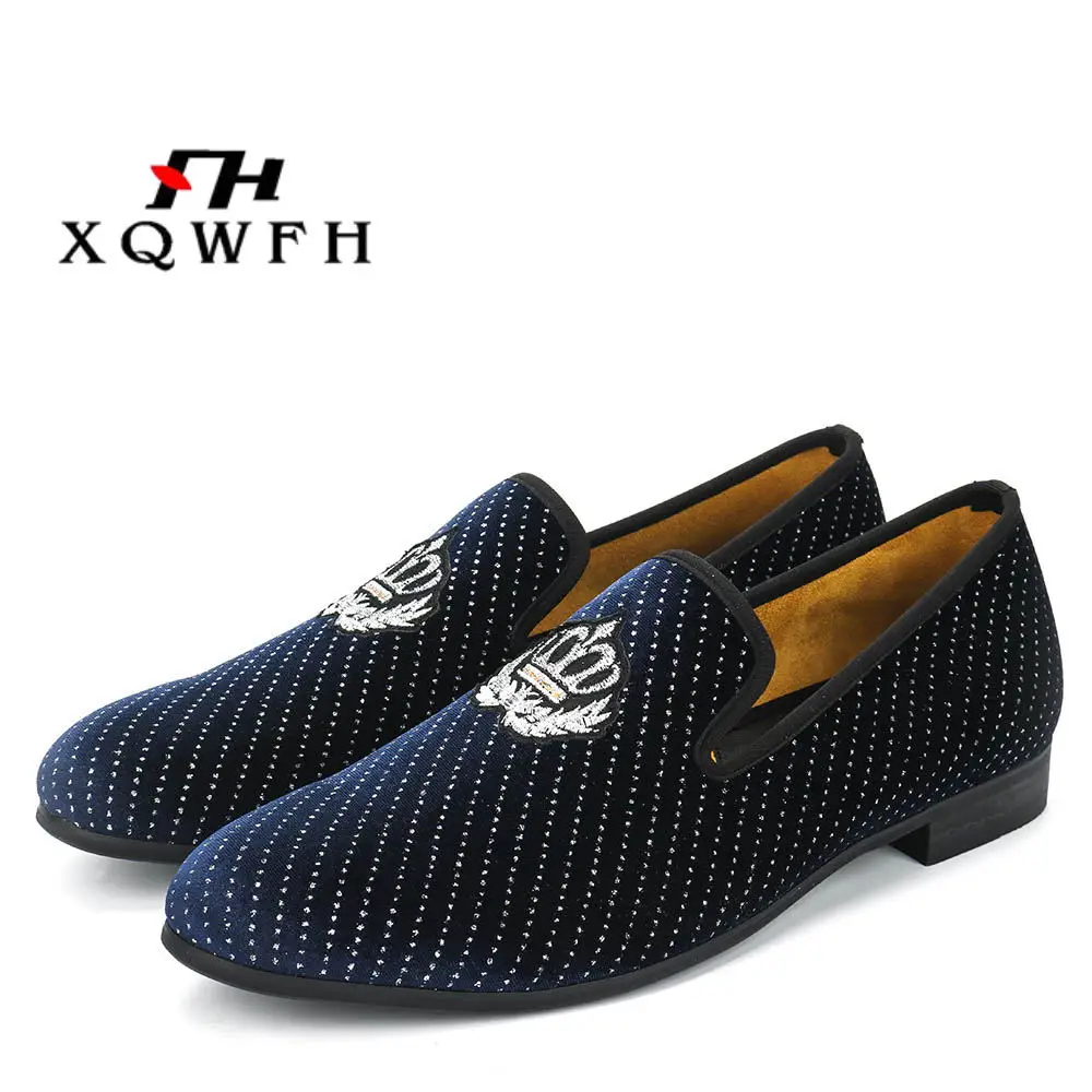 XQWFH New Style Men Blue Velvet Shoes Fashion Party and Wedding Male Dress Plus Size Men's Loafers | Обувь