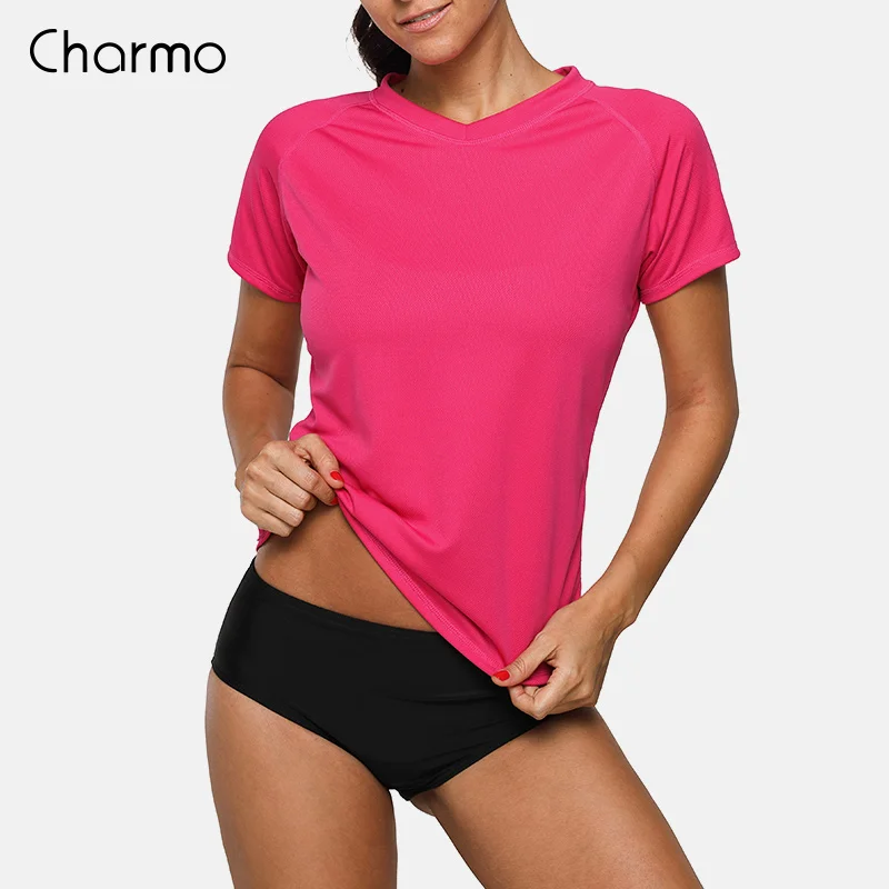 RED Charmo женский короткий рукав Быстросохнущий Рашгард купальник рубашка купальники УФ-защита Рашгард UPF 50+ футболки для бега - Цвет: RED