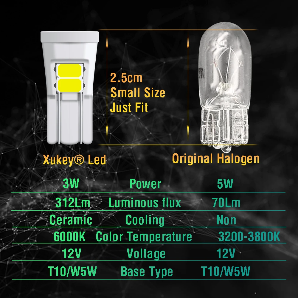 Xukey 2pcs T10 W5W 194 168 Car Led Ceramic Side Light Interior Dome Parker Tail Clearance Trunk Lamp Xenon White 6SMD 5630 3W|Сигнальная