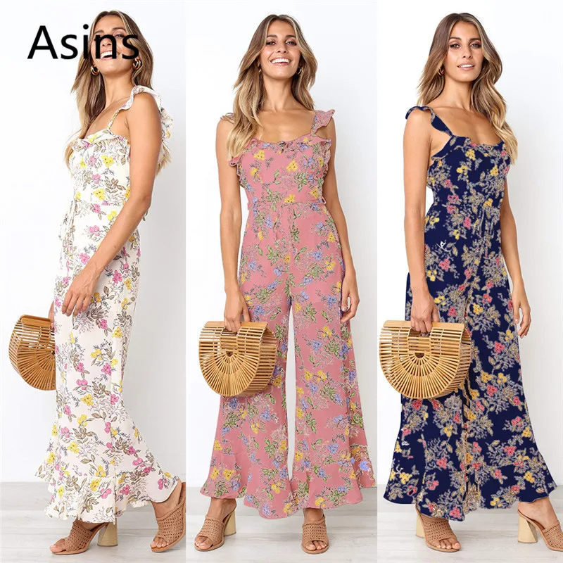 

Asins Bohemian style jumpsuit 2019 spring new hot women fashion sexy sleeveless printing sling ruffled wide-leg loose jumpsuits