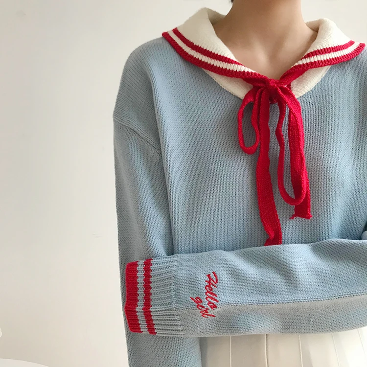 Галстук-бабочка Полосатый Сейлор вышивка письмо с длинным рукавом Kawaii милый вязаный свитер Студенческая Корейская Лолита девушка японский