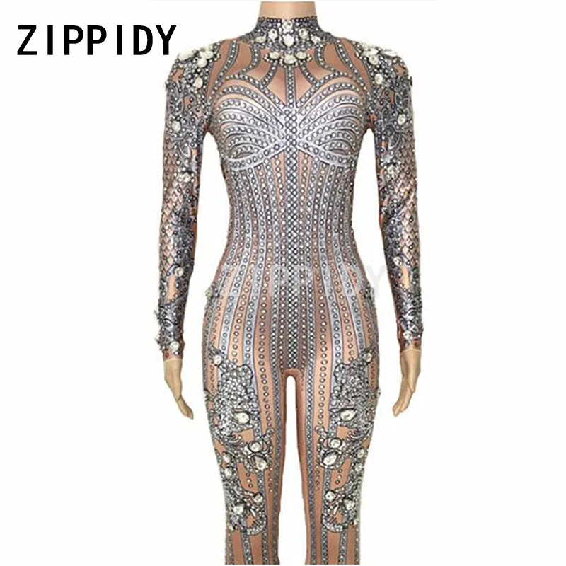 Glisten Rhinestones Grey Stripe Pattern Stretch Jumpsuit Nightclub Female Singer Bodysuit Women's Birthday Party Oufit Sexy Wear