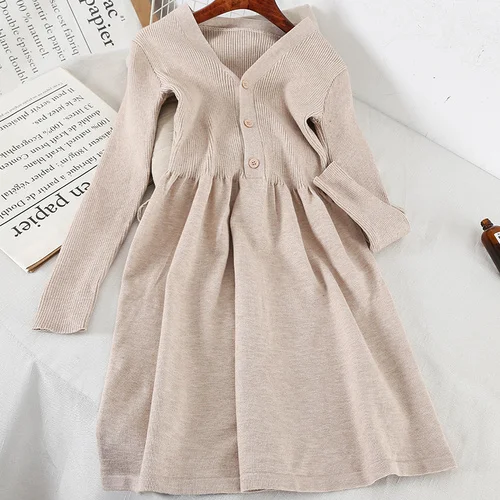 apricot Neploe/корейское винтажное трикотажное платье для женщин с v-образным вырезом, однотонные элегантные длинные платья с длинным рукавом, Платье трапециевидного силуэта, Стрейчевые женские платья - Цвет: apricot