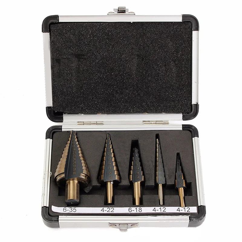 

5 шт. большие кобальтовые ступенчатые сверла из быстрорежущей стали с титановым конусом, для нескольких отверстий, 50 размеров, ступенчатые с...