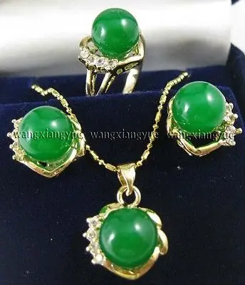 

10mm Green jade Jades Earrings Ring & Necklace Pendant Set * plated watch wholesale Quartz stone CZ crystal