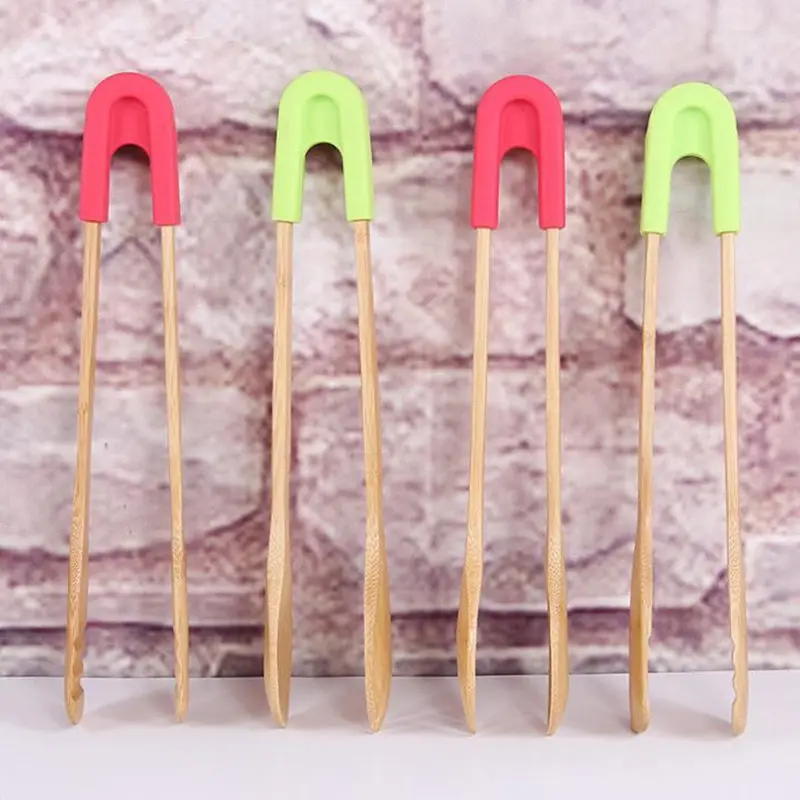 

Bamboo Food Toaster Tongs Wooden Salad Cake Snack Clip Grip Silicone Handle Bread BBQ Tongs Kitchen Tools Clamp F20173513