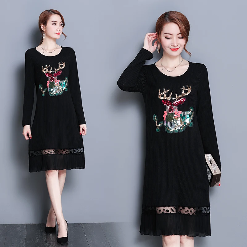 2018 Lagenlook knitting Cotton Solid Color Dress Women Autumn Plus Size Long Sleeve Fawn Sequin Embroidery Lace Stitching | Женская