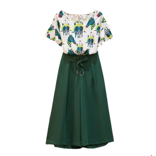 

Korean New 2019 Summer Pocket Brief Two Piece Set Print Plus Size Casual 2 Pcs Set Bow Fashion Wide Leg Pants Conjunto Feminino