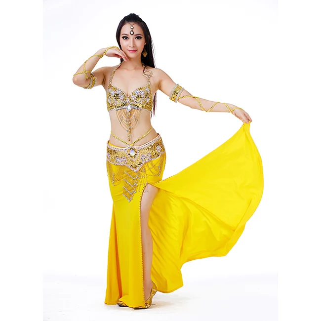 Gold 3pcs 2/3 предмета в детском комплекте Одежды, бюстгальтер для девочек+ юбка+ пояс) индийского танца живота, танцевальные костюмы, Размеры Для женщин живота бусы для танца Стразы для танцевальных представлений комплект - Цвет: Gold 3pcs