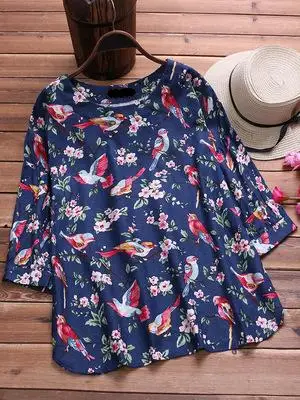 Large size women's shirt cotton and linen printed plus size 5XL 6XL 7XL 8XL 9XL summer round neck long sleeve loose white top - Цвет: picture color