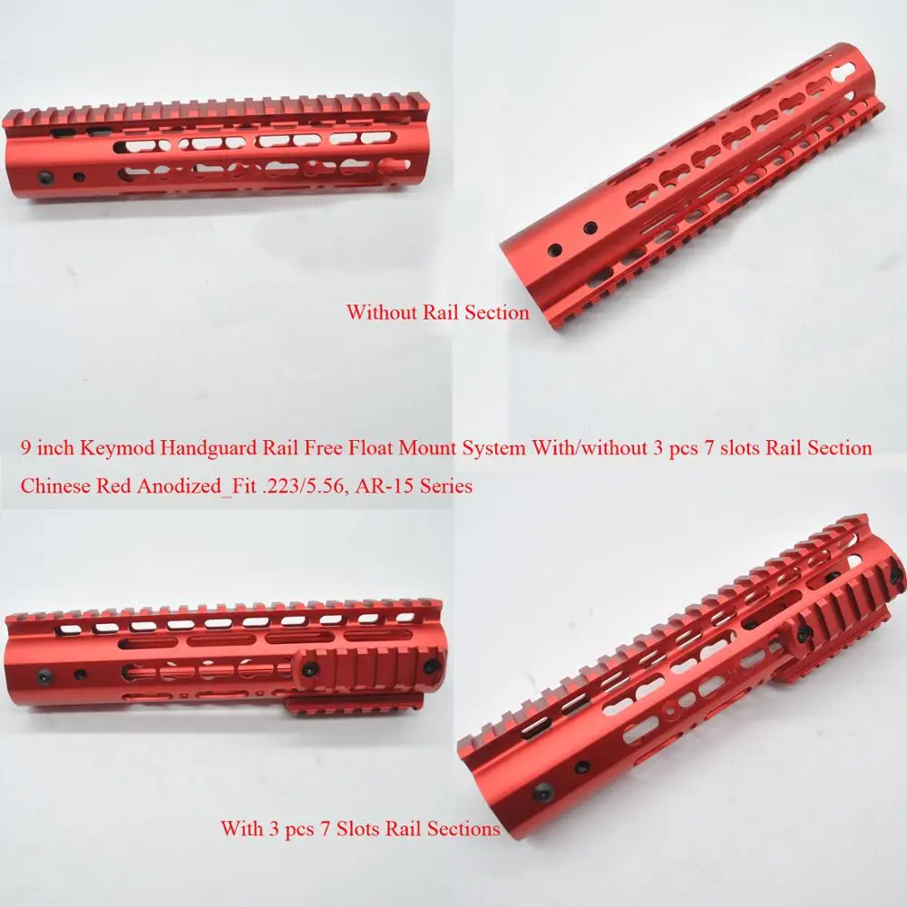 

TriRock 9'' inch Keymod Handguard Rail Free Float Mount System With/No 3 x 7 slots Picatinny Sections Fit .223/5.56_Red Anodized