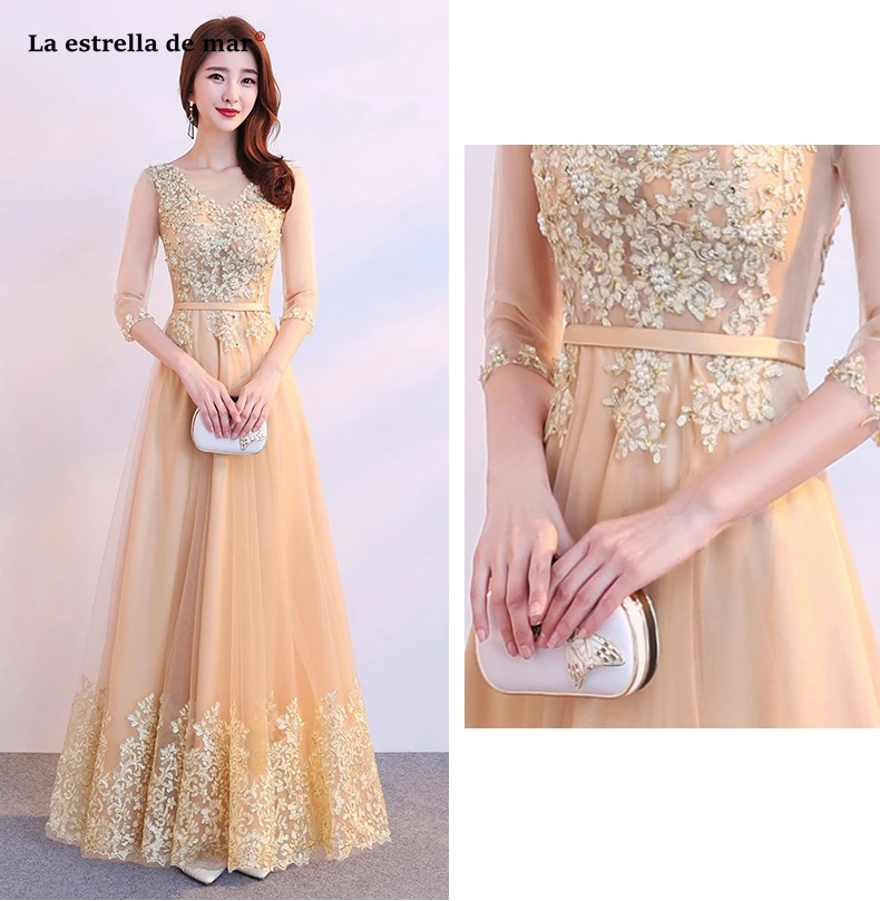 Vestido madrinha Черпак тюль бисером Половина рукава линия золото briddsmaid платья Длинные Дешевые gaun pesta dewas robe demoiseur h