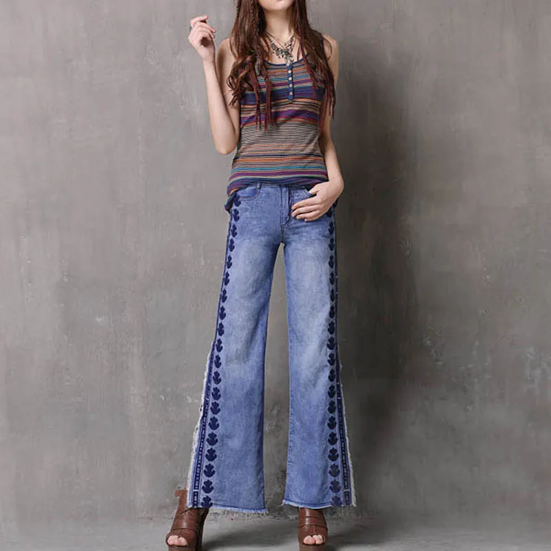 Free Shipping 2021 Wide Leg Vintage Long Pants For Women Embroidery Trousers S-L Denim Side slit Tassels Jeans Spring And Summer