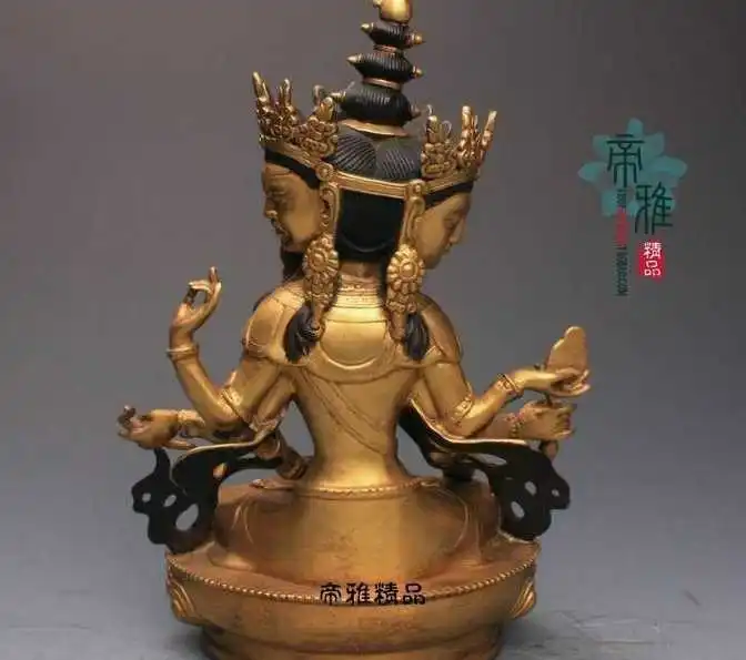 Tibet Copper 24K Gold Gild Three Head Eight Arm Kwan-yin Guanyin Buddha Statue | Дом и сад