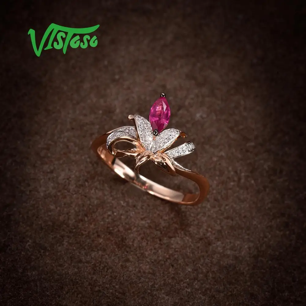 VISTOSO, Настоящее розовое золото 14K585, необычное рубиновое блестящее бриллиантовое кольцо для леди, Свадебное обручальное кольцо, модное роскошное ювелирное изделие