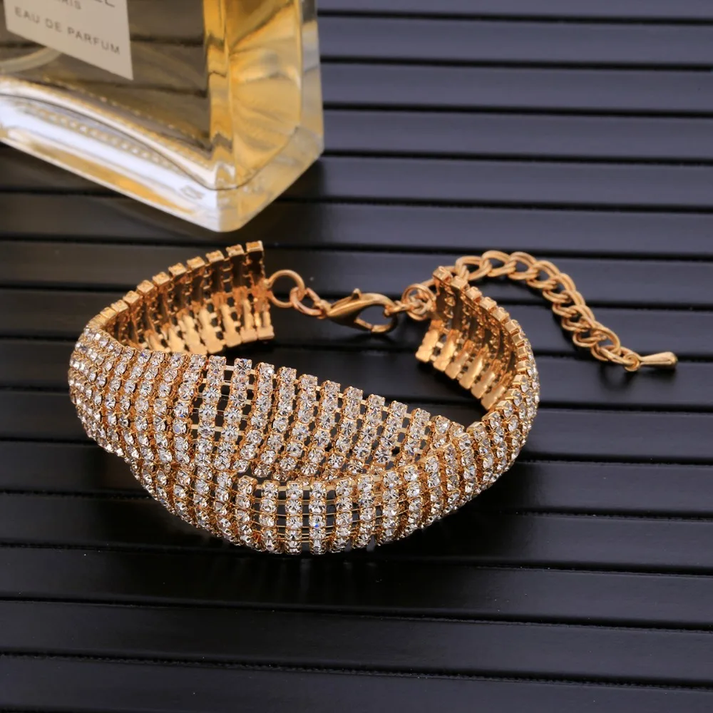 Женский Регулируемый блестящий браслет в стиле панк с золотистыми кристаллами