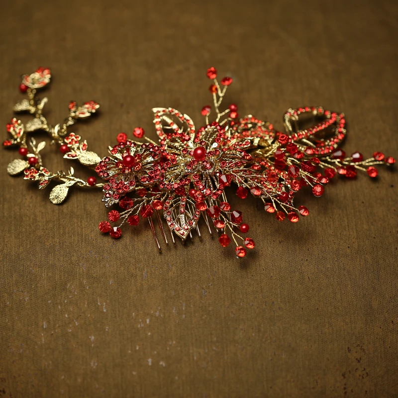 Европейский Дизайн красный Цветочные Свадебные аксессуары для волос кристалл