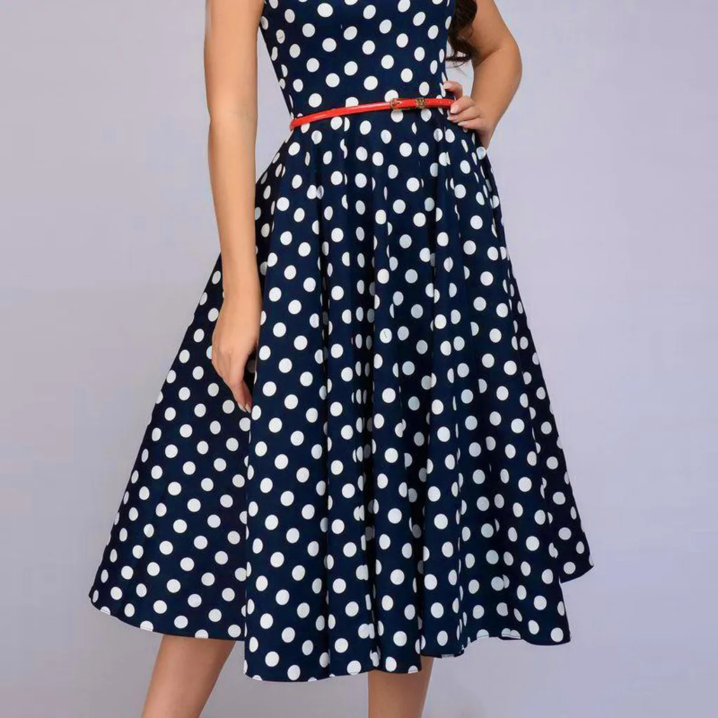 Knee Length cover dress summer women beach Dot Print black Sleeveless vintage Zip Flare Retro sukienka vestidos#G7|Женские платья| |