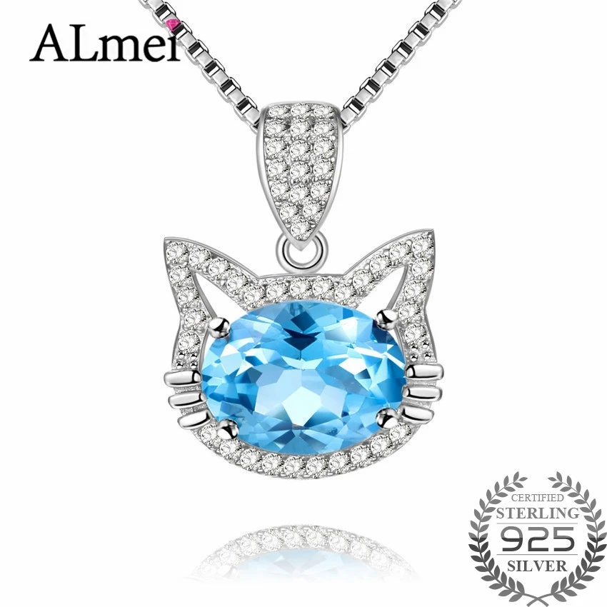 Almei подарок для девочек 2ct голубой топаз кошка ожерелье Длинный кулон бренд