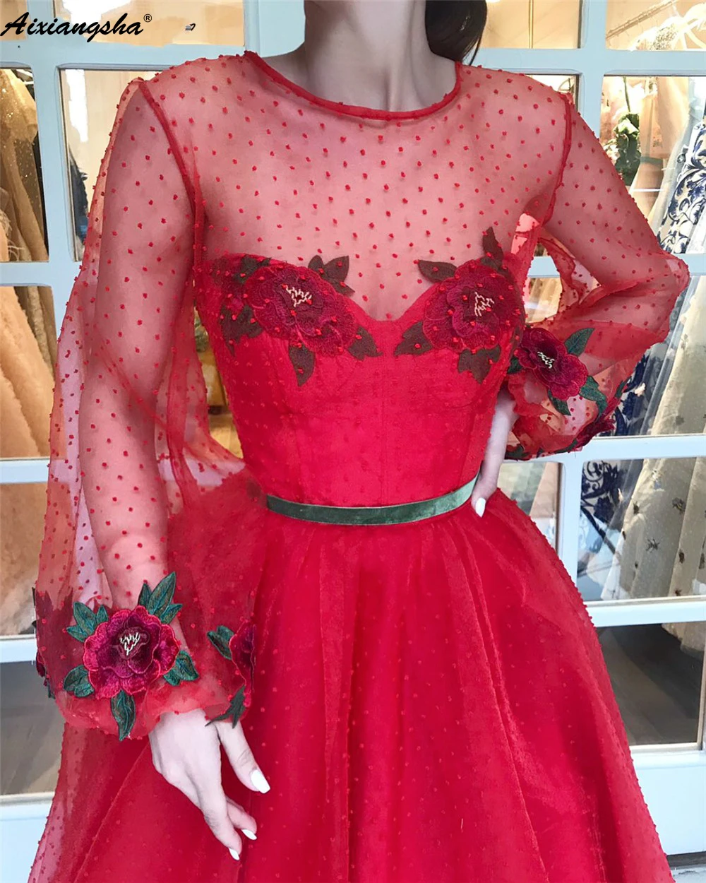 

Long Sleeve Red Evening Dress Elegant A Line Floor Length Prom Gowns Flowers Dubai Arabic Party Dresses Robe De Soiree