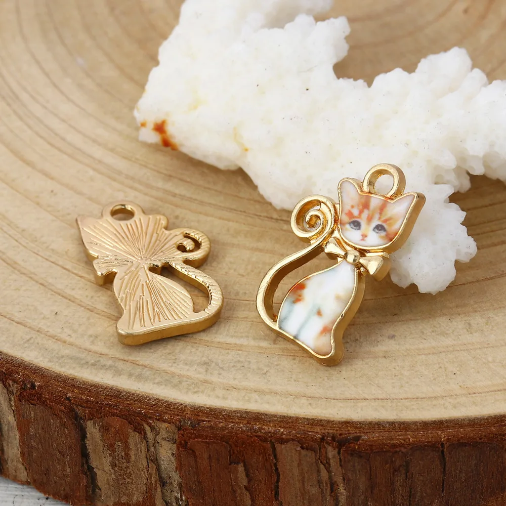 DoreenBeads подвески из цинкового сплава на основе кошки, животные, золото, оранжевый, черный, белый цвет, Красочные эмаль 21 мм(7/") x 13 мм(4/8"), 10 шт