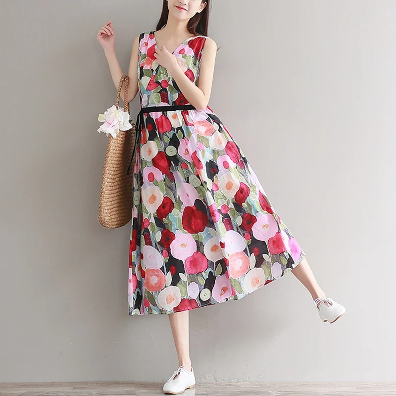 Платье женское повседневное с высокой талией из хлопка цветочным принтом без