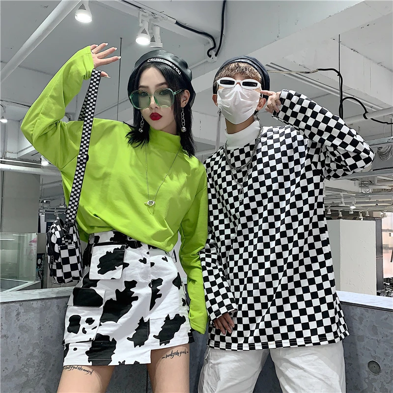 BF Harajuku, новинка, большой размер, свободная, повседневная, модная, женская, водолазка, в клетку, с длинным рукавом, хип-хоп стиль, индивидуальная, хлопковая футболка, топы, футболки