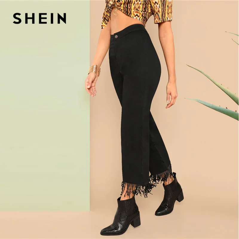 SHEIN Однотонные Расклешенные Брюки С Бахромой 2019 Женские Повседневные Винтажные