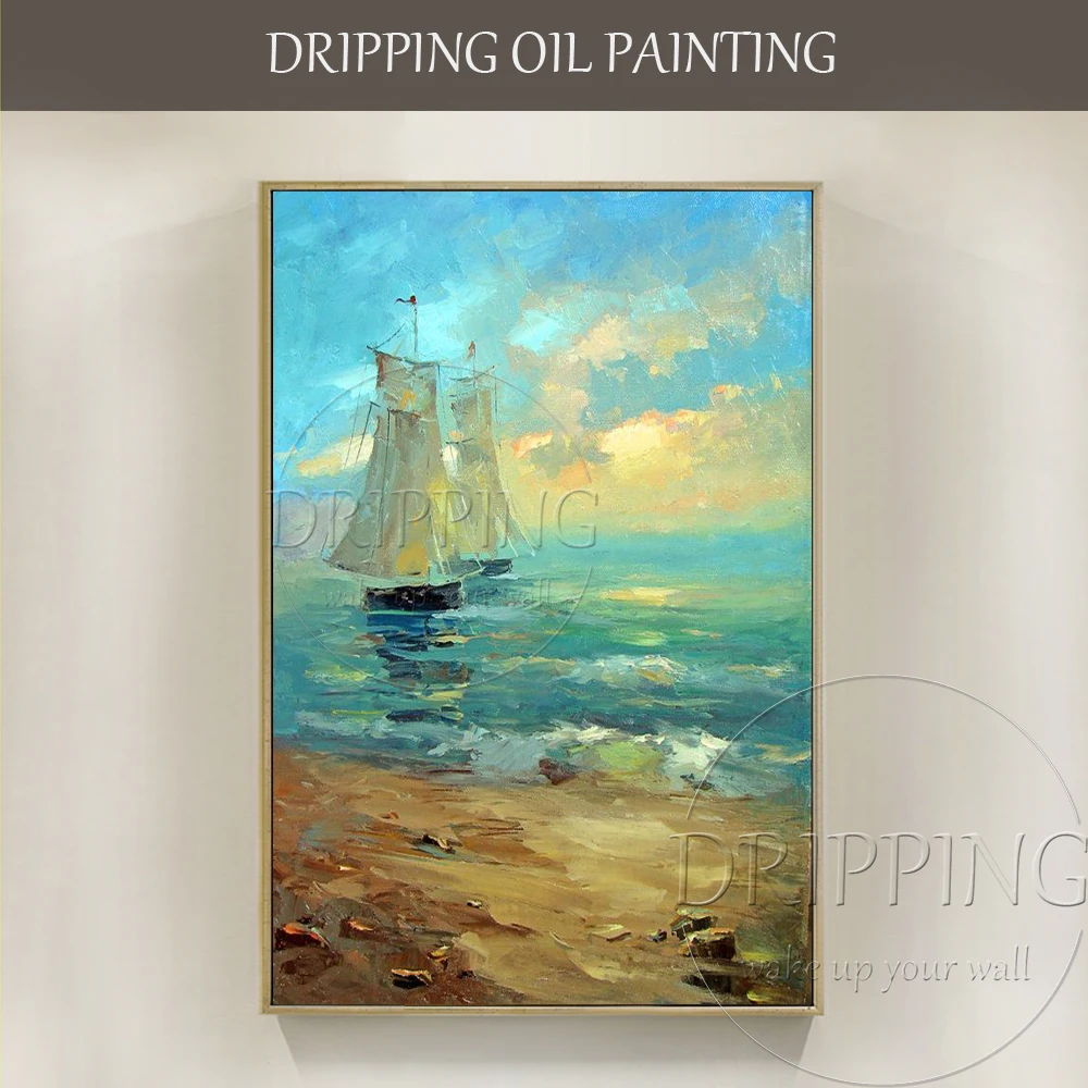 Unique Gift Artist Hand-painted High Quality Seascape Abstract Boat and Sea Oil Painting for Friend Handmade Canvas Oil Painting
