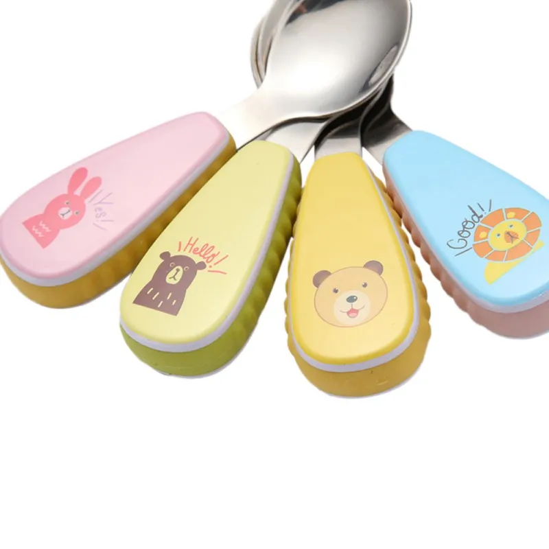 Juego de 2 unids/set de mesa para beb&eacute;, esponja de alimentaci&oacute;n con estampado encantador de dibujos animados para beb&eacute;, cuchara de alimentaci&oacute;n + tenedor, cuchara de acero inoxidable para beb&eacute; 2018-1